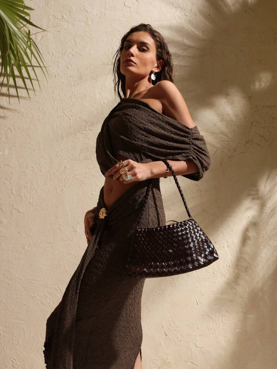 Swim Chiccia 2026 New Coffee Color Pure Handmade Woven Bag Vacation Style Shoulder Bag, Underarm ... | SHEIN