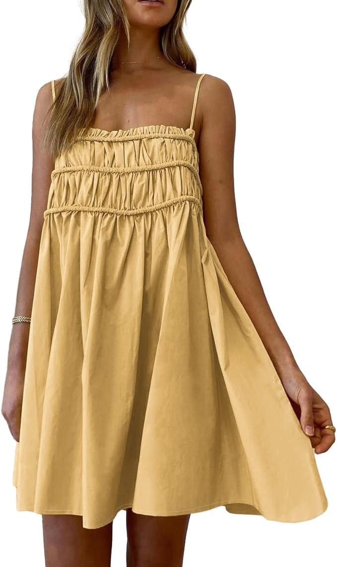 BTFBM Women Casual Sleeveless Summer Short Dress Cute Solid Color Spaghetti Strap Ruched Loose Dr... | Amazon (US)