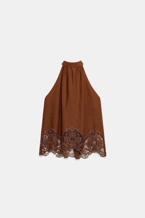 Halter-neck top with a tie fastening at the back. Features matching embroidered eyelet detailing ... | Zara US