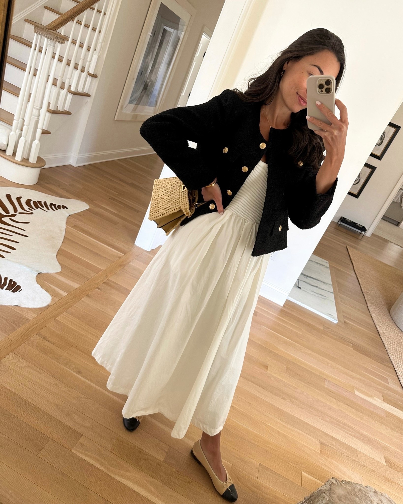 Classic outfit for spring, spring outfit, white midi dress, black lady jacket, Chanel ballet flats, Kat Jamieson style. 

#LTKootd #LTKSeasonal #LTKWorkwear