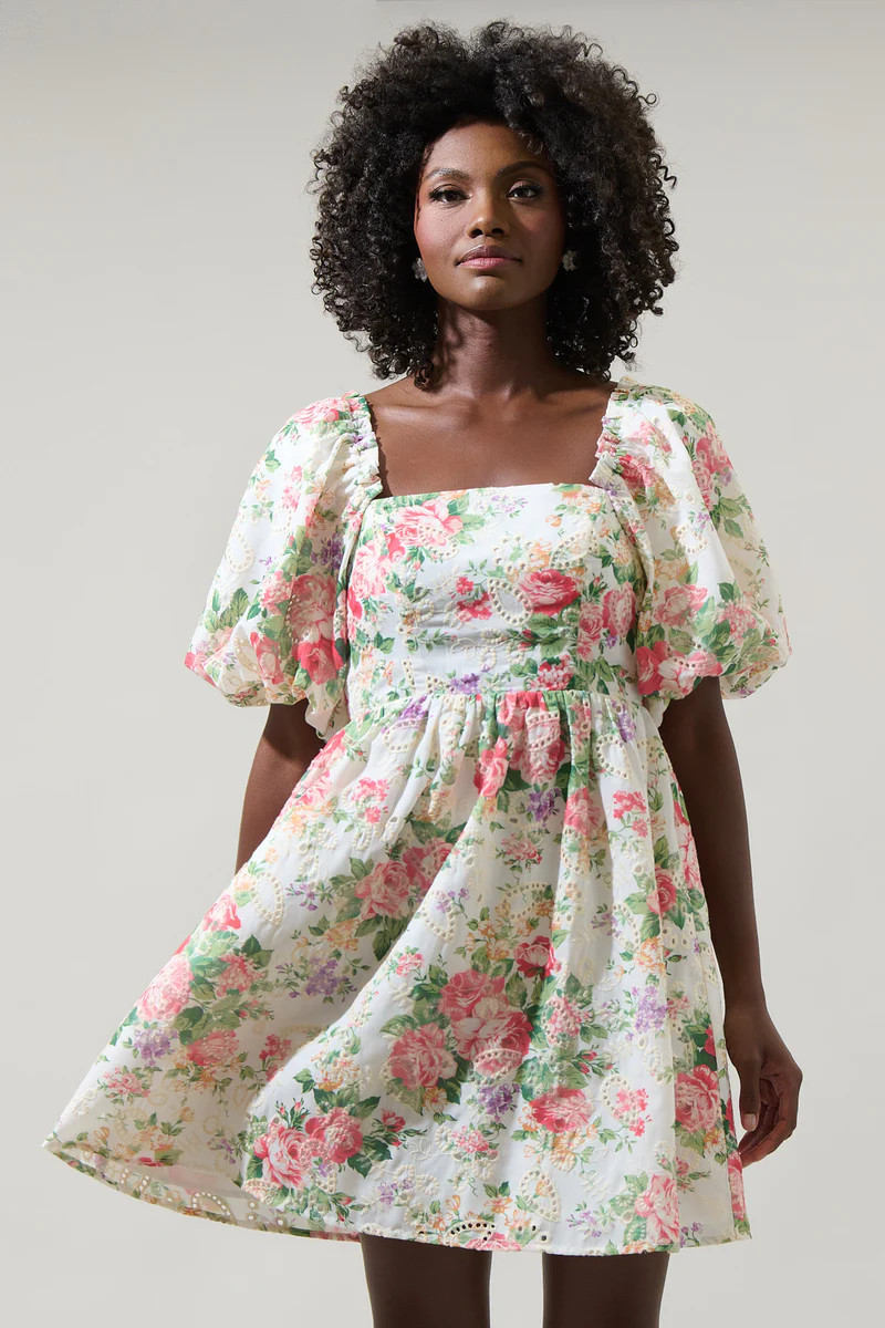 Peony Floral Eyelet Sonora Bubble Sleeve Babydoll Dress | Sugarlips