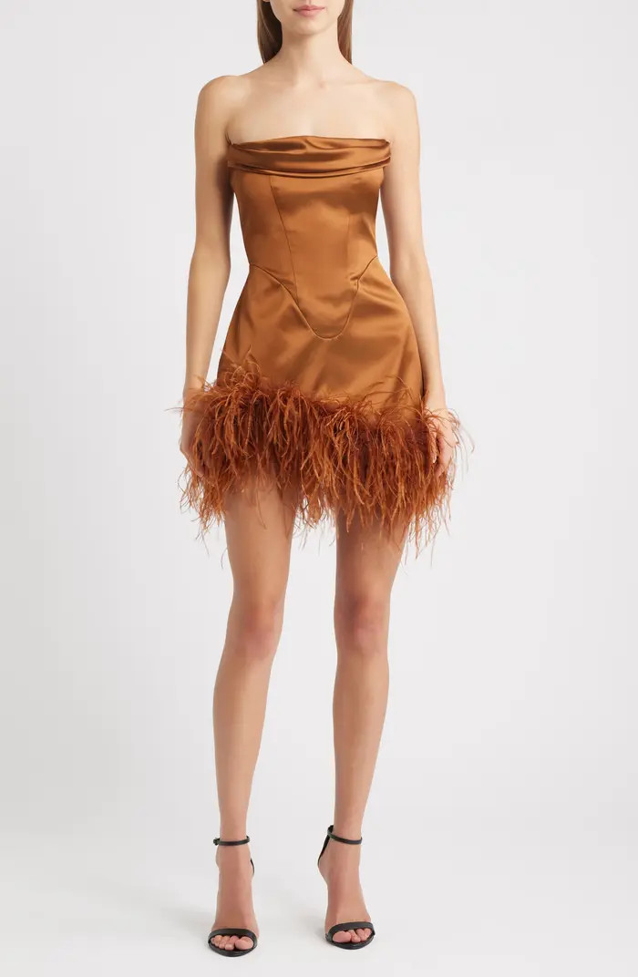 Adrienne Ostrich Feather Hem Strapless Satin Cocktail Minidress | Nordstrom