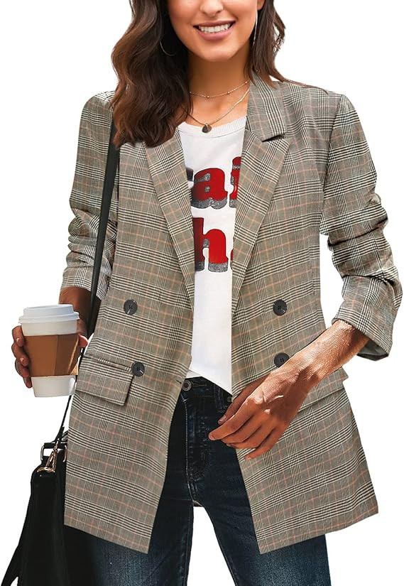 LookbookStore Women's Casual Check Plaid Loose Buttons Work Office Blazer Suit | Amazon (US)