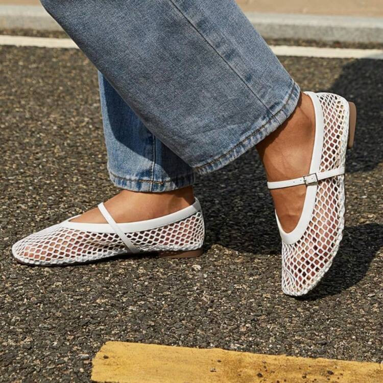 Women's Breathable Mesh Ballet Flats With Square Toe And Adjustable Buckle Strap - Casual Fishnet... | SHEIN