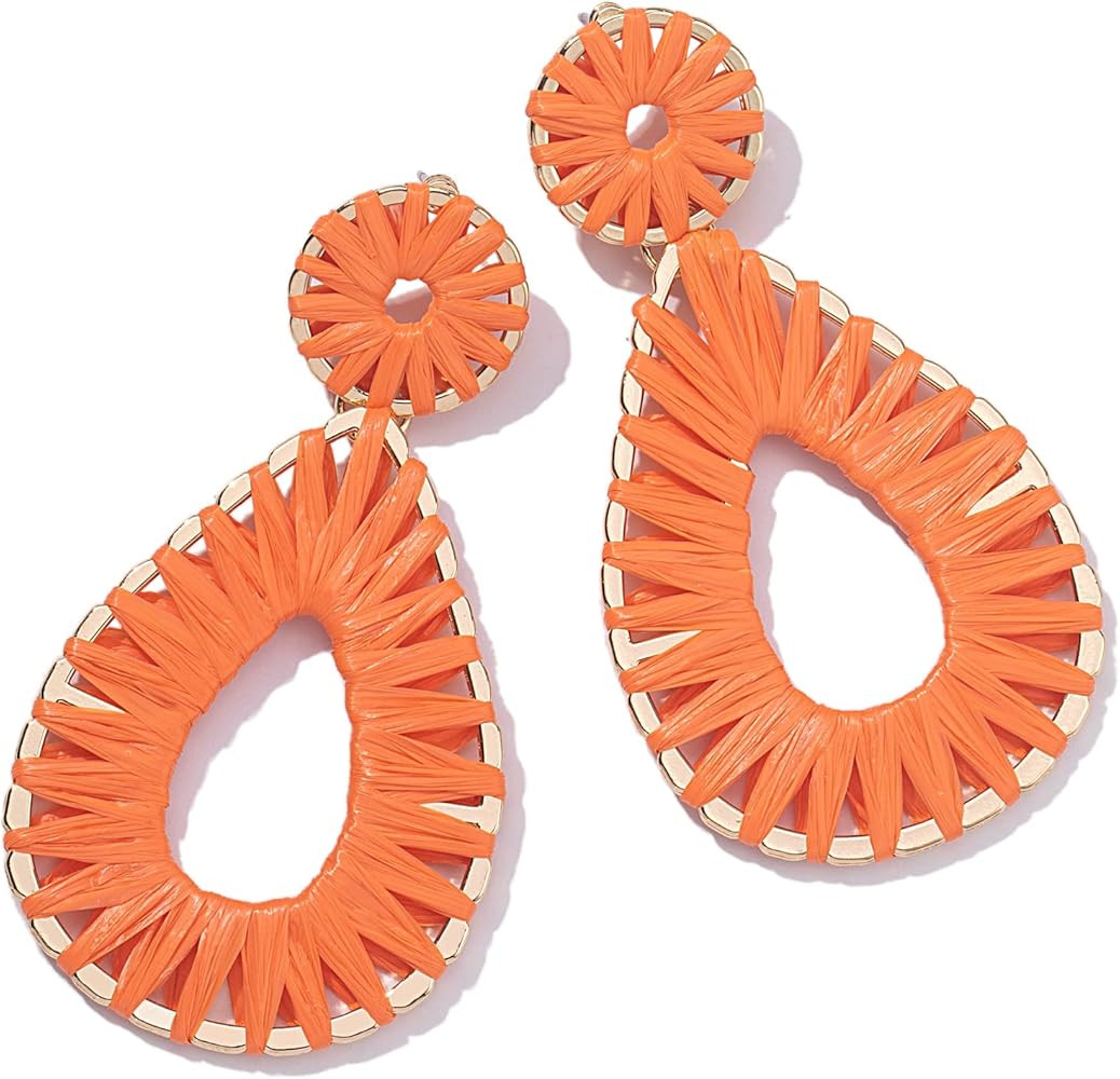 Boho Raffia Earrings Statement Teardrop Earrings Drop Dangle Bohemian Earrings for Women Cute Han... | Amazon (US)