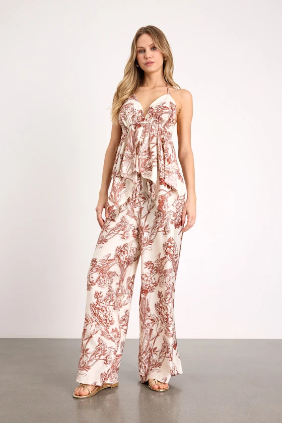 Rona Ivory and Brown Floral Two-Piece Jumpsuit | women spring outfits women  | Lulus