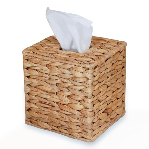 PINXIURY Water Hyacinth Handwoven Tissue Box Cover, Natural Handmade Wicker Napkin Box Holder, Handcrafted Square Facial Tissue, Rustic Decorative on Table and Bathroom, Office, Boho Decorative | Amazon (US)