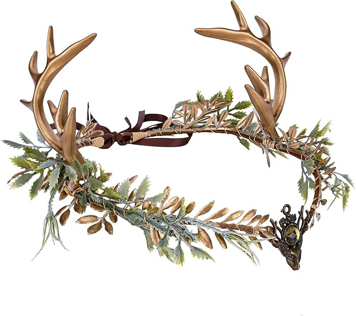 MOSTORY Woodland Gold Antler Crown - Forest Elf Headpiece Fairy Floral Circlet for Women Renaissa... | Amazon (US)