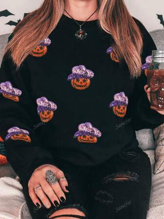 Halloween Pumpkin Sequin Sweatshirt | SHEIN USA | SHEIN