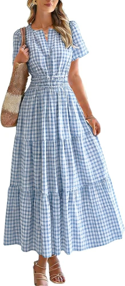 utcoco Womens Summer 2026 Casual Plaid Maxi Dress Short Sleeve V Neck Elastic Waist Boho Beach Dr... | Amazon (US)