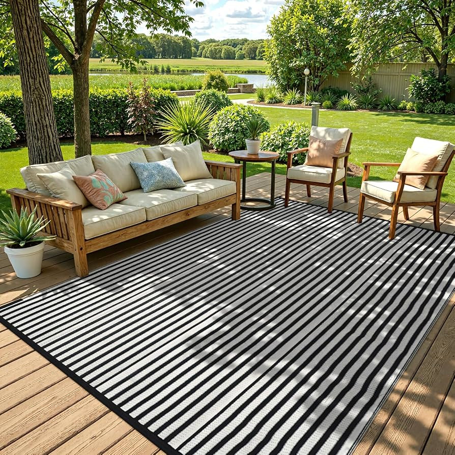 LEEVAN Outdoor Rug Waterproof for Patio Clearance Black and White Camping Rug 8x10 Plastic Straw ... | Amazon (US)