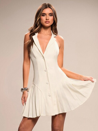 SHEIN BAE Women's Solid Color Notched Collar Single-Breasted Pleated Hem Mini Business Casual Woman Dress,Valentines Dress,Vacation Outfits Woman,Summer Dresses For Women,Date Night Outfits Women,Spring Outfits For Women | SHEIN