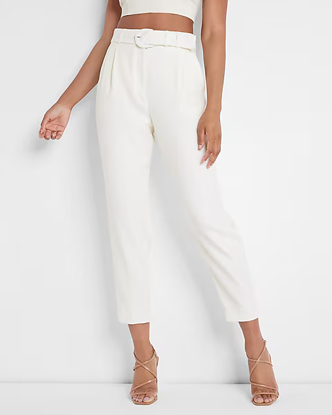 Super High Waisted Linen-Blend Belted Pleated Ankle Pant | Express