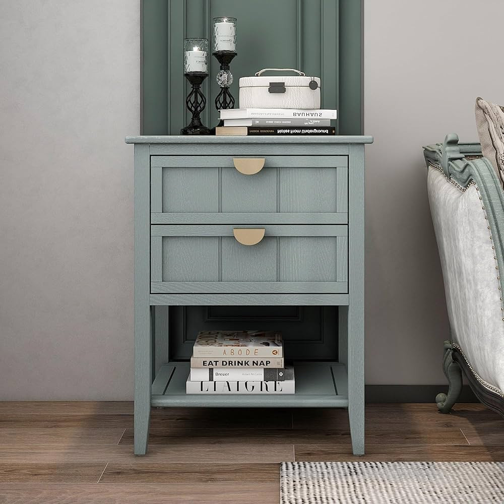 American Style 2 Drawer Side Table with Open Display Shelf, Nightstand with Handle Drawer for Bed... | Amazon (US)