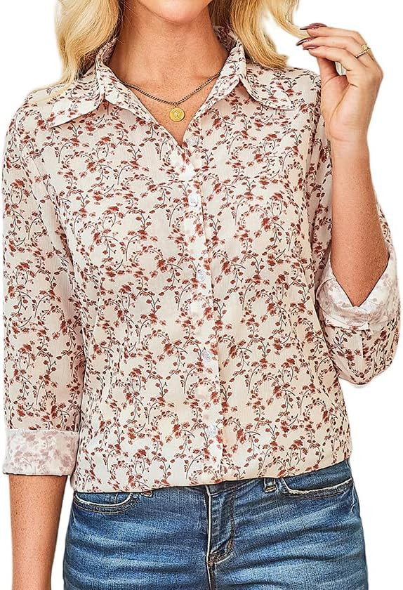 IBAOTORONI Women's Summer Fall Floral Long Sleeve Button Down Shirt Blouse | Amazon (US)