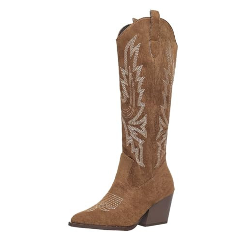 SelRoys Cowboy Boots for Women Cowgirl Western Chunky Heel Embroidery Stitched Pointy Toe Country Fashion Boots, brown, 41 | Amazon (US)