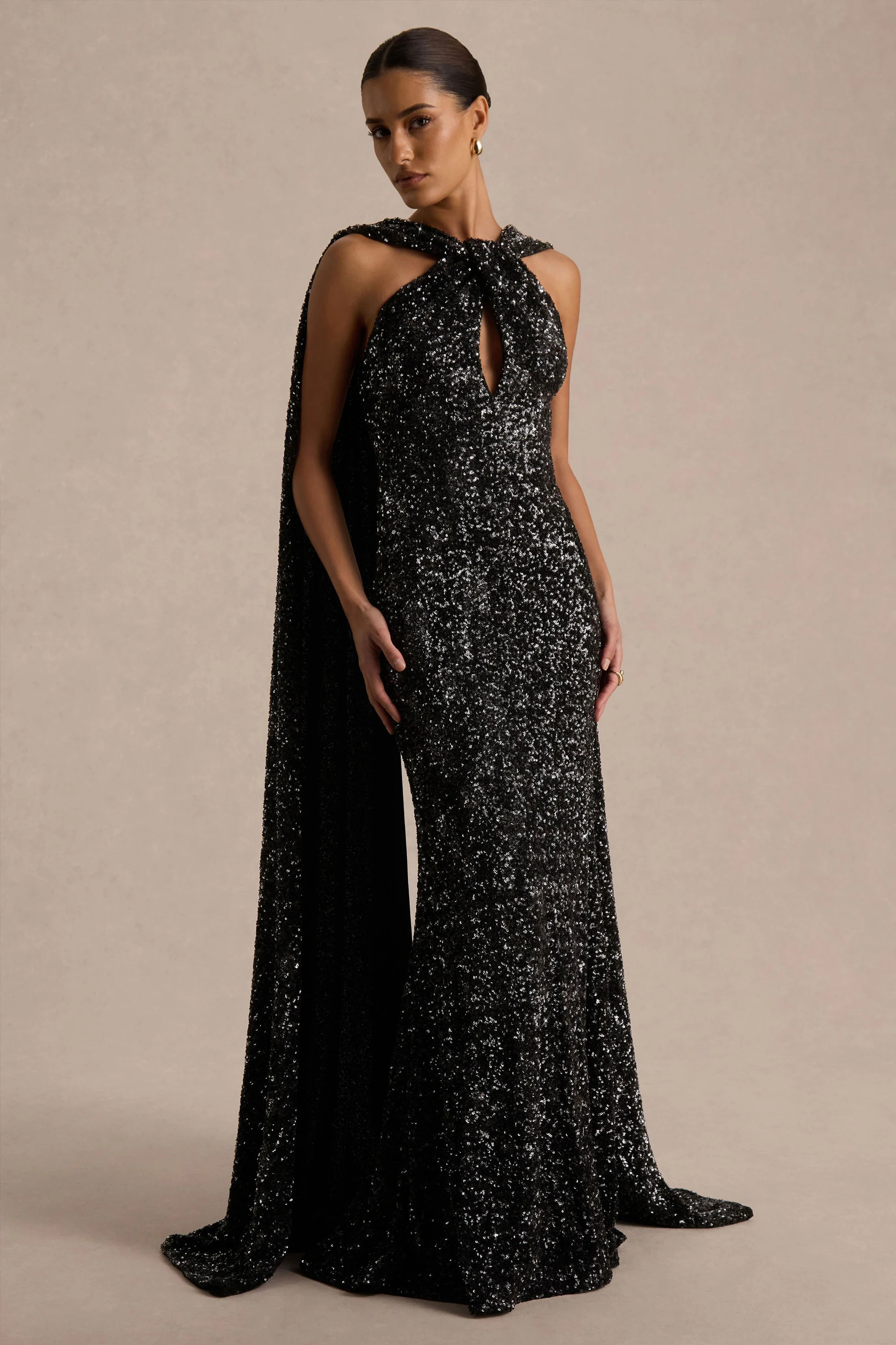 Renelle | Black Sequin Halter Neck Maxi Dress | Club L London