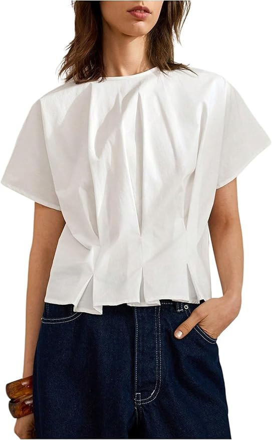 MakeMeChic Women's Pleated Ruffle Blouse Top Summer Crewneck Short Sleeve Dressy Shirt Tops | Amazon (US)