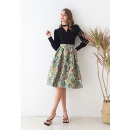 Spring Scenery Jacquard Pleated Midi Skirt | Chicwish