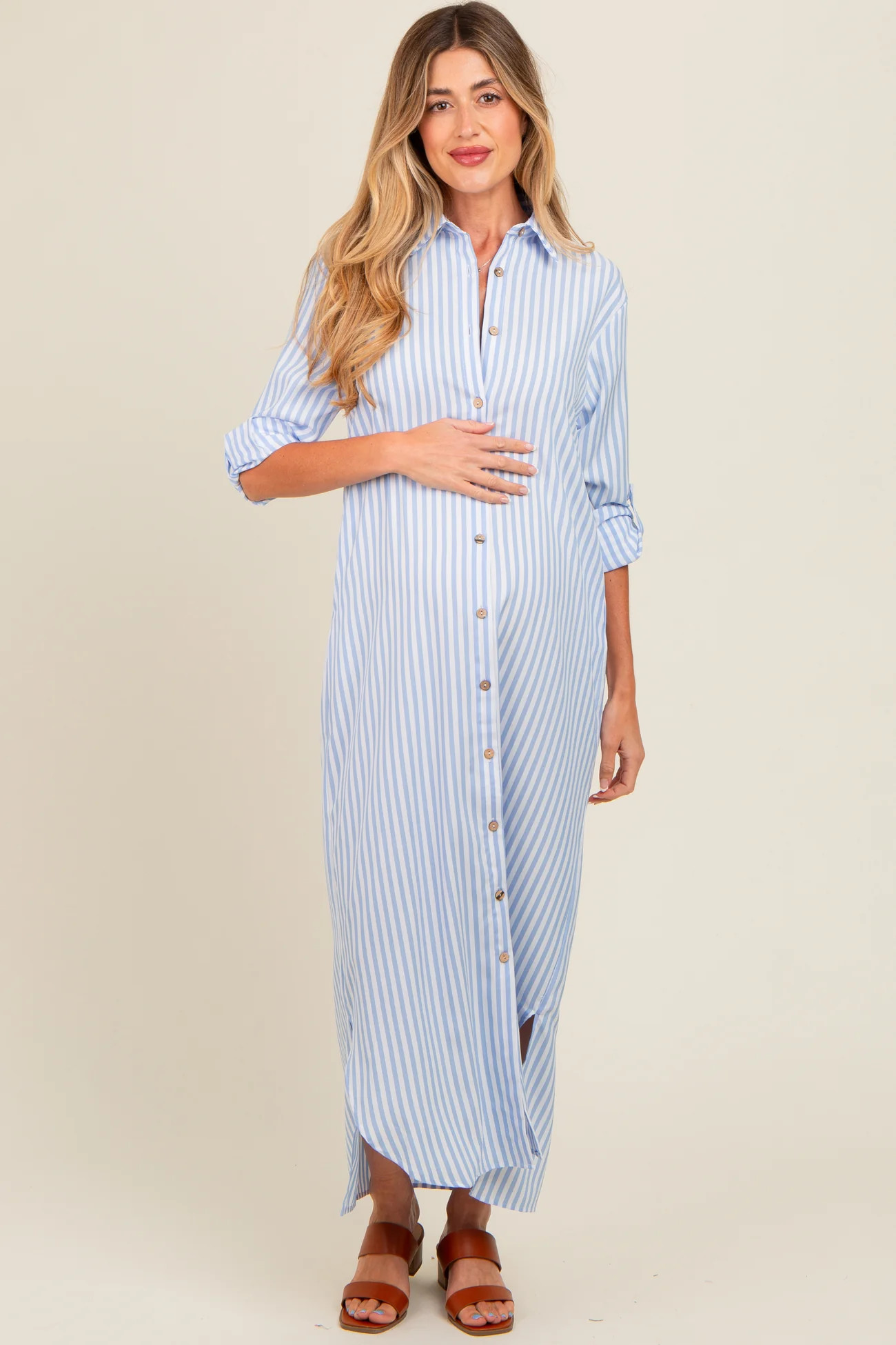 Light Blue Striped Button Down Maternity Maxi Dress | PinkBlush Maternity
