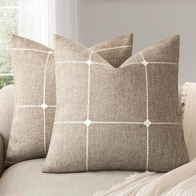 Foindtower Pack of 2 Decorative Faux Linen Jacquard Check Throw Pillow Covers Farmhouse Cushion C... | Amazon (US)