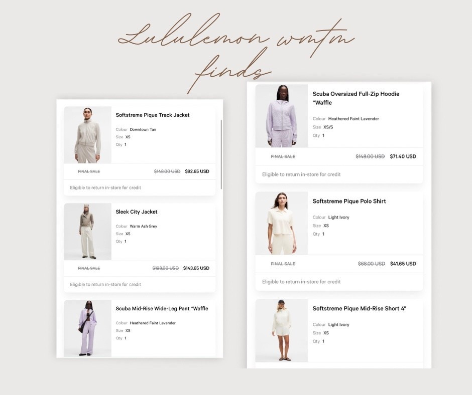 love all my wmtm lululemon finds ! 🤍

softstreme pique track jacket, polo, short, sleek city jacket, warm ash grey, downtown tan, athleisure, yoga, pilates, lounge, waffle knit scuba set, petite, faint lavender. 

#LTKActive #LTKPetite #LTKSaleAlert