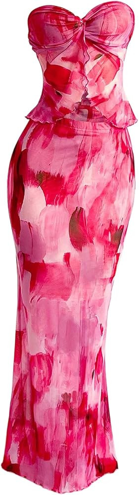 Women's 2 Piece Outfits Tie Dye Ruffle Knot Strapless Tube Top and Bodycon Maxi Skirt Set | Amazon (US)