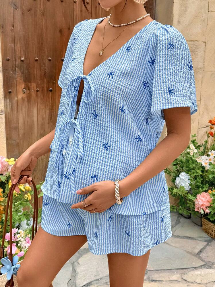 SHEIN 2pcs/Set Maternity Striped Print Knot V-Neck Short Sleeve Top And Shorts Short Sets For Women Women Summer Clothing Summer Outfits For Women Women Summer Shirts Women Clothes | SHEIN