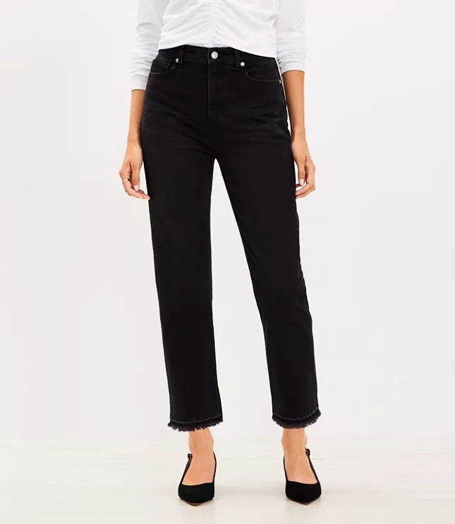 Petite Curvy Let Down Hem High Rise Straight Crop Jeans in Washed Black Wash | LOFT
