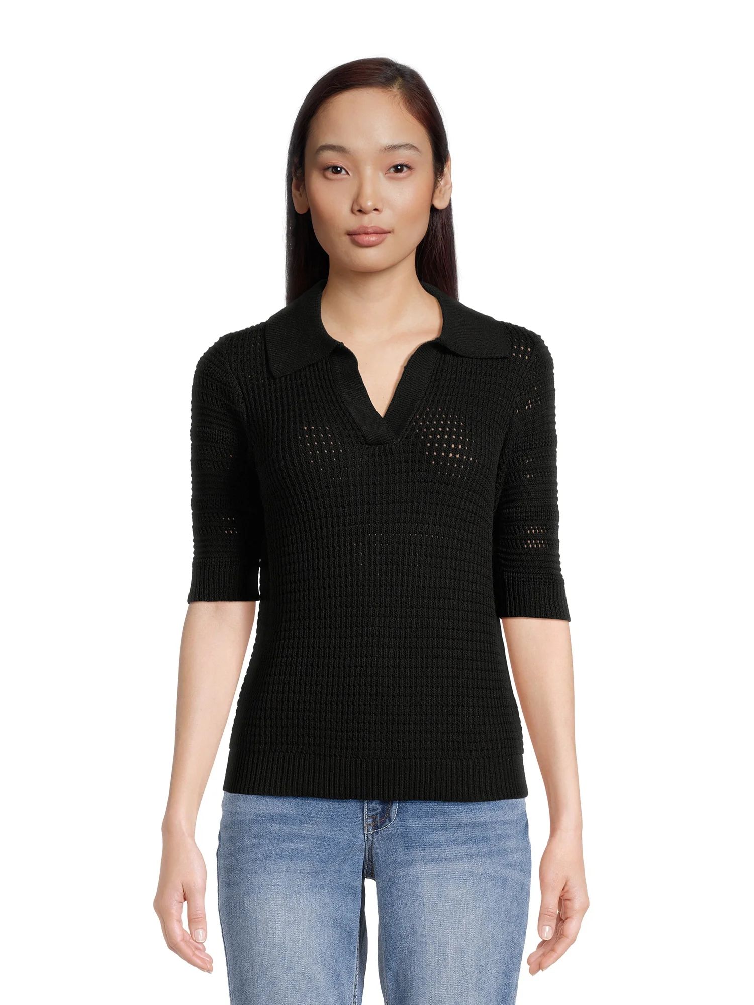 Time and Tru Women's Midweight Polo Sweater with Elbow Length Sleeves | Walmart (US)