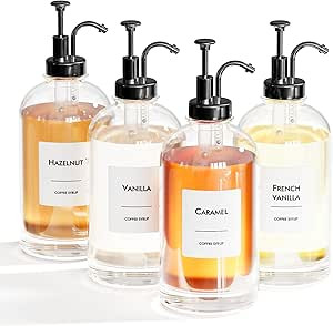 25.4oz Coffee Syrup Dispenser Set - 4 Glass Bottles with Black Pumper and Syrup Labels - Precise ... | Amazon (US)