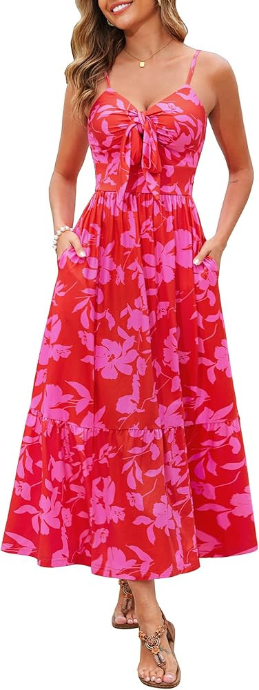 Kranda Women 2025 Summer Sundress High Waist Tie Front Spaghetti Strap Ruffle Long Beach Floral M... | Amazon (US)