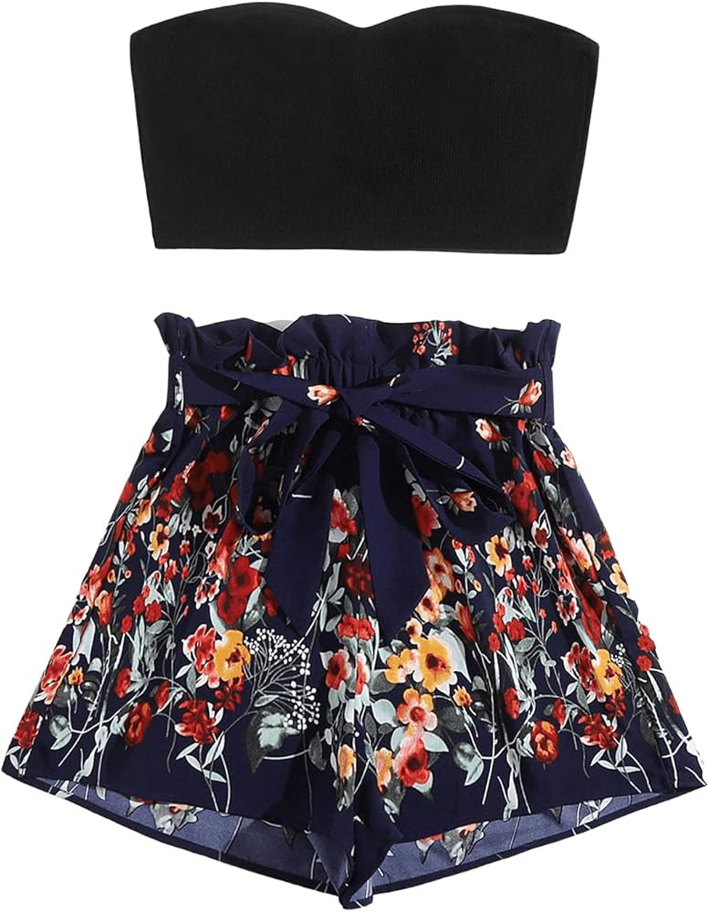 Floerns Women's 2 Piece Outfit Summer Plain Tube Crop Top with Shorts | Amazon (US)