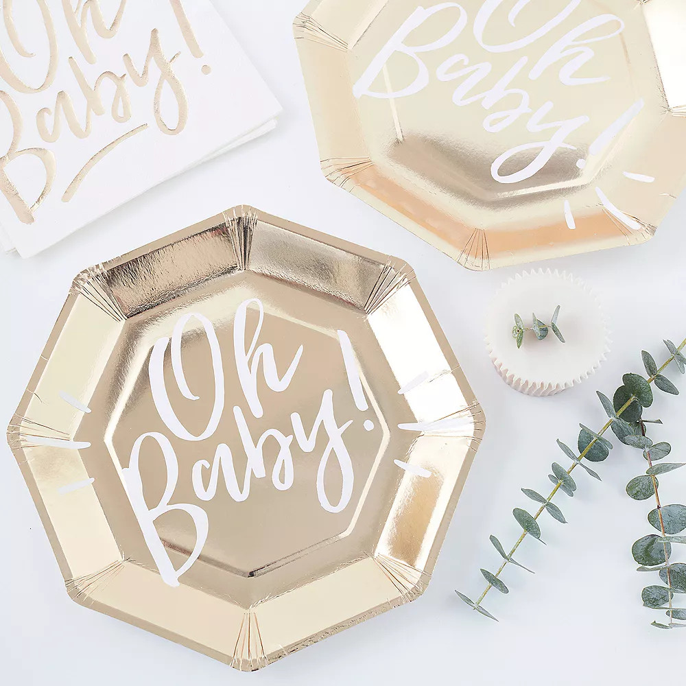 Ginger Ray Metallic Gold Oh Baby Lunch Plates 8ct | Party City