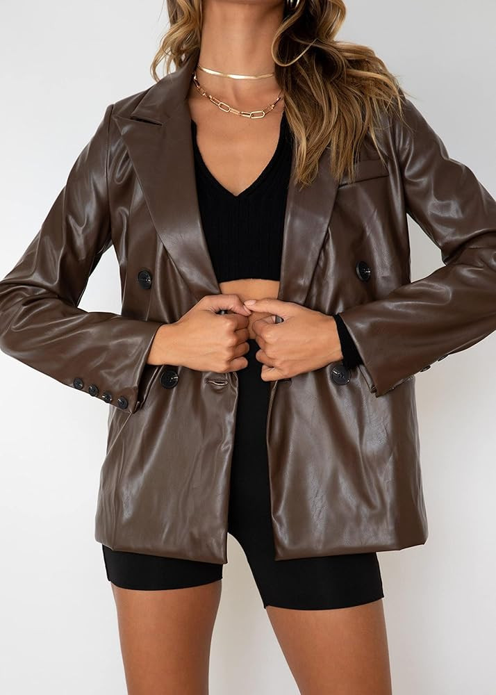 Womens Blazer Jackets,Faux Leather Jacket, PU Leather Blazer Jackets, Loose Suit Fit Office Casual B | Amazon (US)