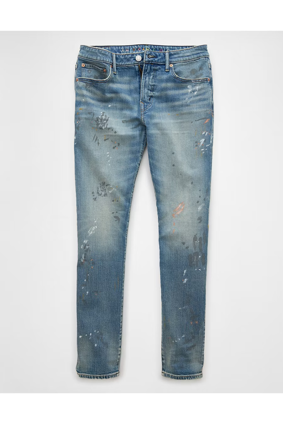 AE AirFlex Patched Athletic Skinny Jean Men's Indigo Splatter 28 X 28 | American Eagle Outfitters (US & CA)