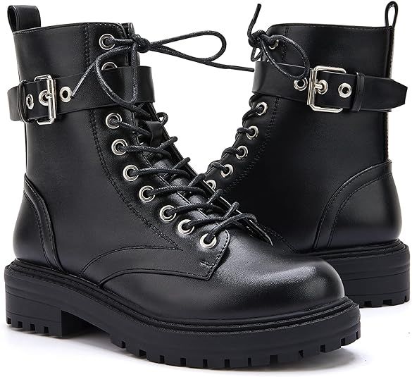 TINSTREE Women's Fashion Buckle Low Heel Combat Boots Side Zipper Mid Calf Booties Anti-Slip Moto... | Amazon (US)