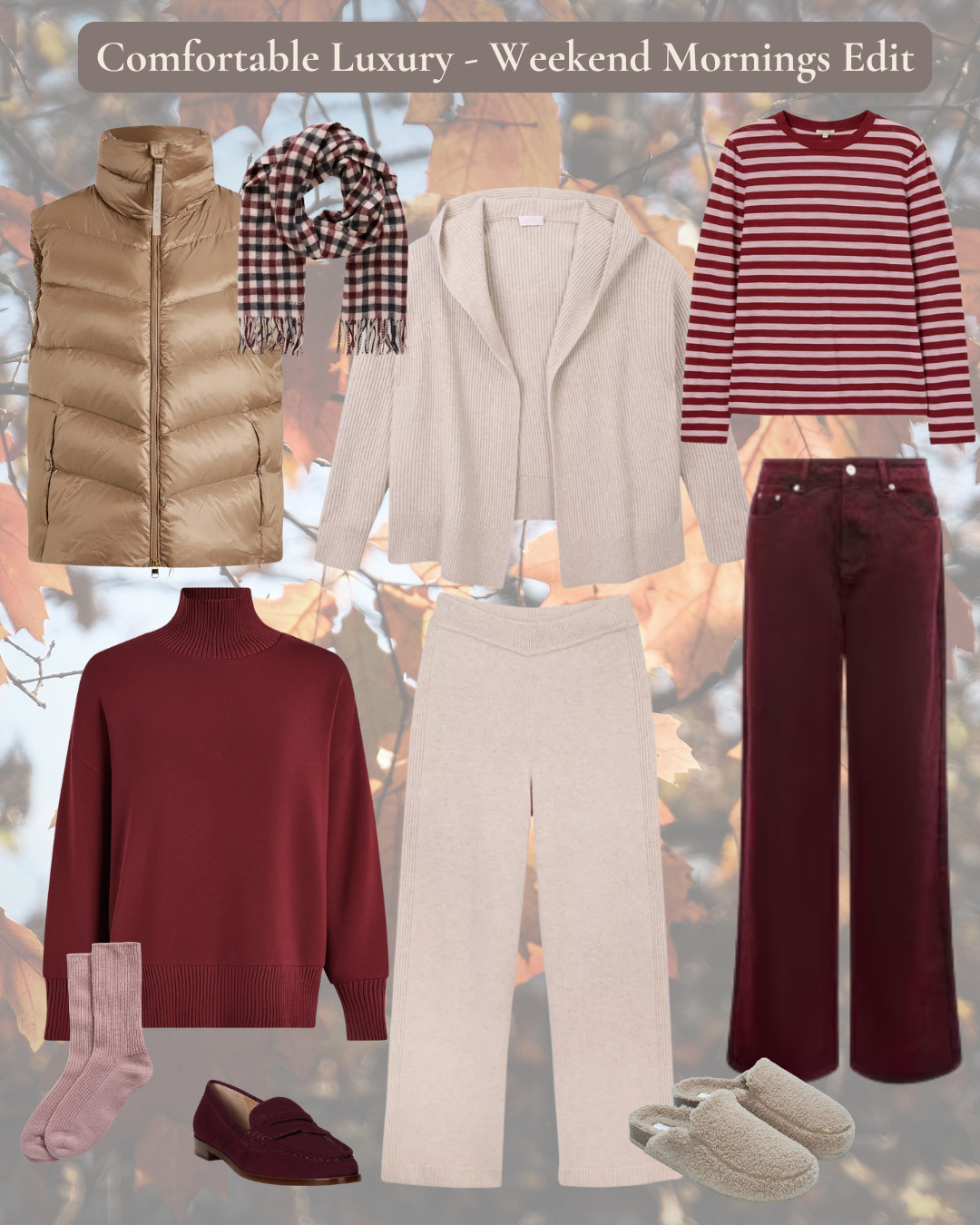 For weekend mornings - luxe comfort - puffer gilet, wool/cashmere joggers and wrap cardigan, stripe t-shirt, cosy longline sweatshirt, burgundy wide leg jeans, wool check scarf 

 #LTKuk #LTKover50style #LTKstyletip
