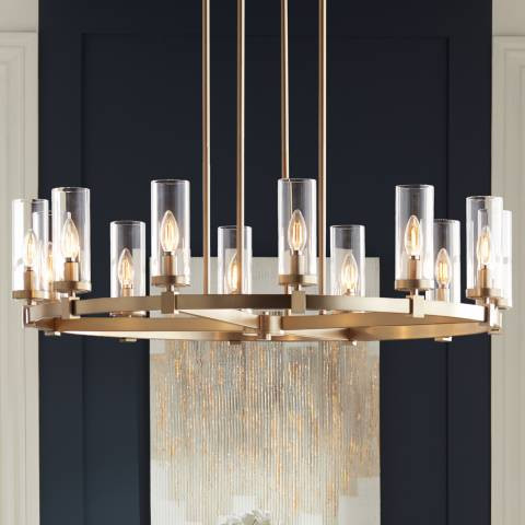 Stiffel Aron 36" Wide Brass 12-Light Wagon Wheel Chandelier - #88H33 | Lamps Plus | Lamps Plus