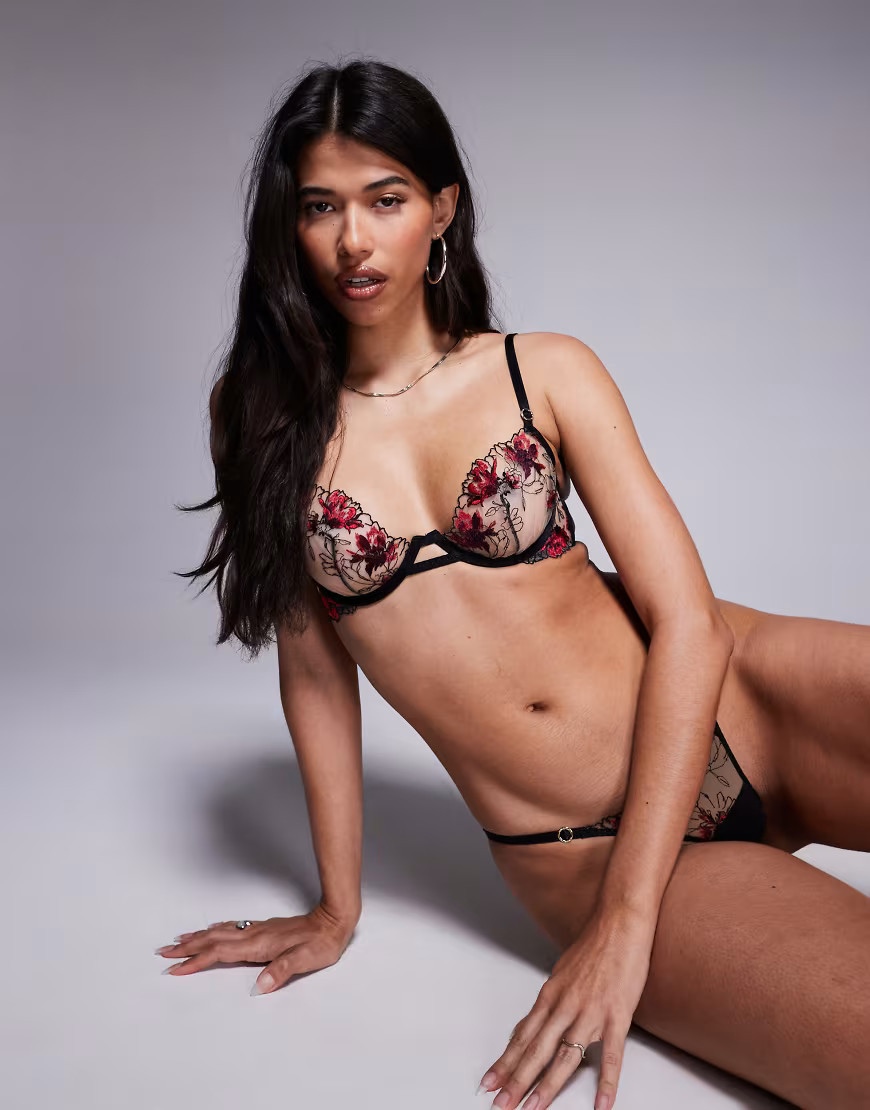 Bluebella Calista sheer bra with floral embriodery in black and red-Multi | ASOS (Global)