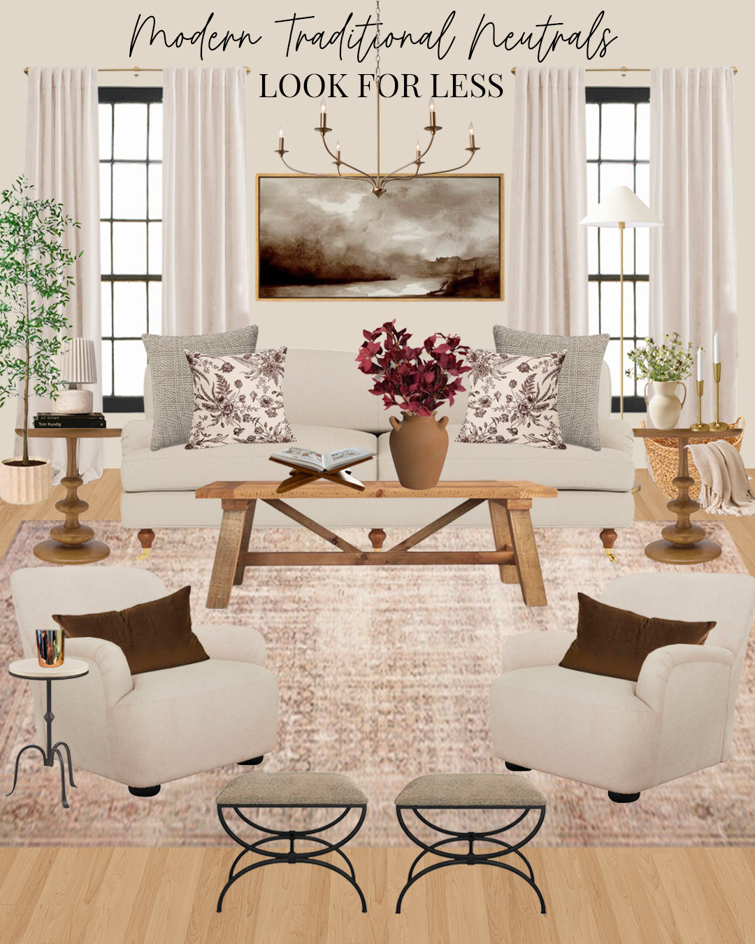 modern traditional neutral home decor living room ideas to update your home. English Roll Arm Sofa, Hand-Knotted Wool Rug, Floral Pillow Cover, brown Table Lamp, metal upholstered stool, gold Cordless Floor Lamp, wood Coffee Table, wood End Table, beige Lounge Chair, Brown Mohair Pillow Velvet, Houndstooth Pillow Cover, black Side Table, Wooden Book Display, wood scene artwork, Rounded Dual Handled Vase, Studio McGee Inspired

#LTKStyleTip #LTKHome #LTKOver40