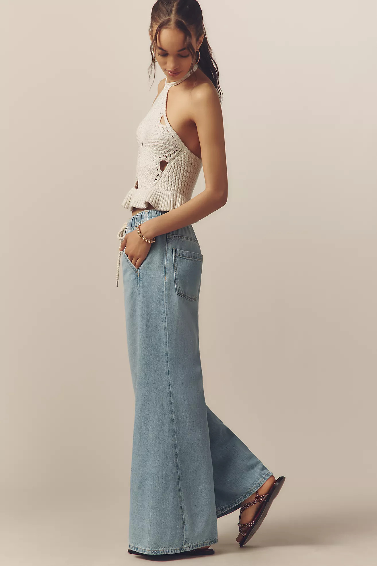 The Adi Mid-Rise Frayed Relaxed Flare Jeans by Pilcro: Pull-On Edition | Anthropologie (US)