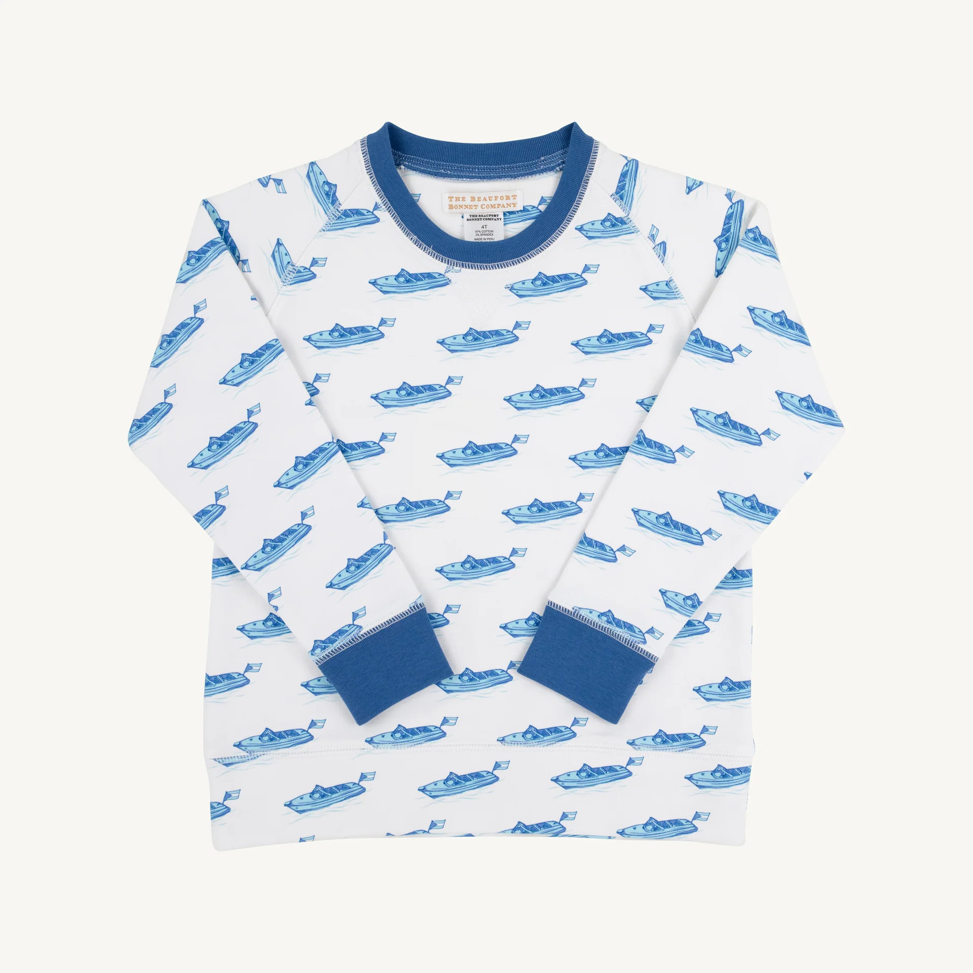 Cassidy Comfy Crewneck - Briland Time with Wood Boat Blue | The Beaufort Bonnet Company