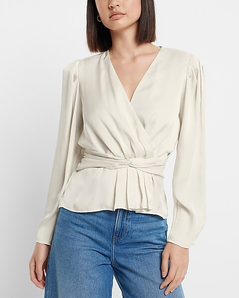 Satin V-neck Twist Front Peplum Top | Express