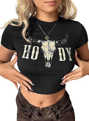 Western Cowgirl Crop Top for Women - Country Concert Cowboy Rodeo Outfit Cow Skull Graphic Tee Vintage Howdy Shirts(Black,S,1141a) | Amazon (US)