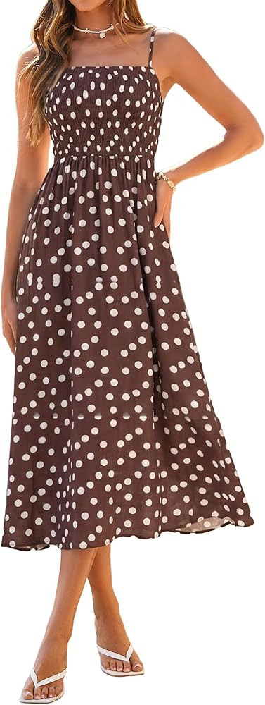 Simplee Womens Spaghetti Strap Maxi Dress Summer Casual Boho Smocked Flowy Long Sundress Beach Va... | Amazon (US)