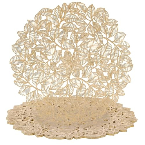 Fenyya Gold Placemat Set of 8 Washable, Modern Placemats, Round Leaf Placemats Non Slip Wipeable Table Mats for Dinner, Party, Wedding, Accent Center Decoration, Home Decor. | Amazon (US)