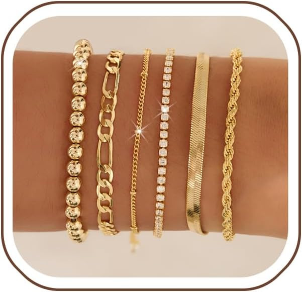 Gold Bracelets for Women 14K Gold Plated Stack Trend Bracelets Charm Paperclip Chain Cuban Link L... | Amazon (US)