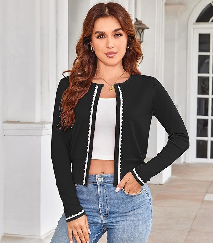 Women's Cardigan Sweater Color Block Long Sleeve Crew Neck Knit Cardigan Trendy Cropped Cardigan ... | Amazon (US)