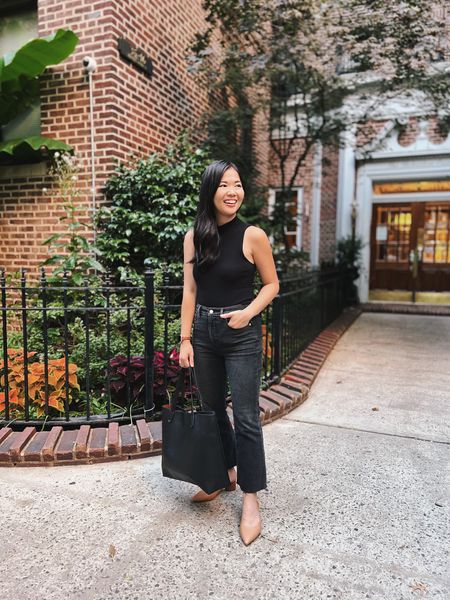 All black outfit, casual fall outfit, Amazon fashion, LOFT, Nordstrom: black sleeveless mock neck top (S), sleeveless sweater, faded black jeans (27P), black tote bag, brown mule pumps (TTS).

#LTKunder50 #LTKworkwear #LTKSeasonal